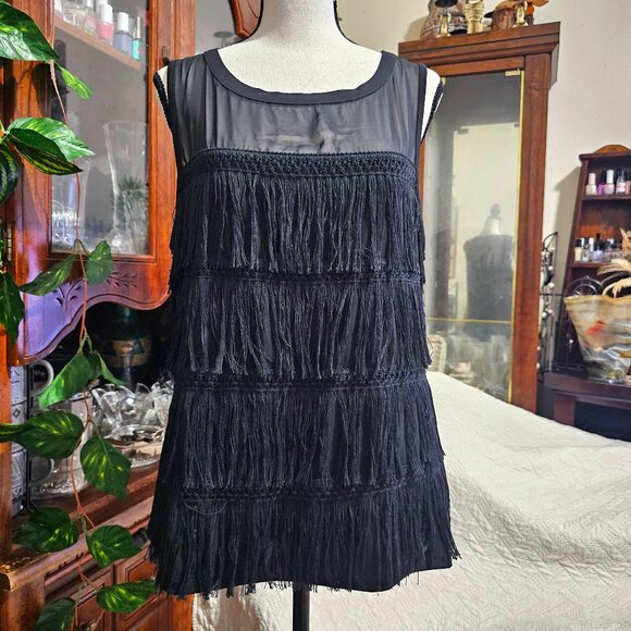 New York & Company Tops - 7th Avenue Black Sleeveless Sheer and Fringe Top